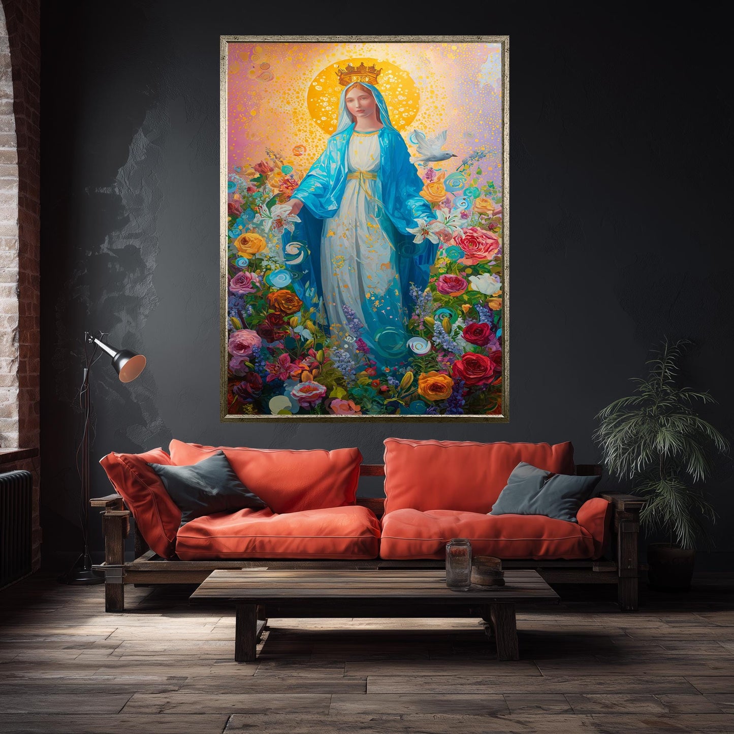 Virgin Mary Wall Art Colorful Floral Catholic Canvas Print Holy Mother With Blue Cloak Surrounded By Roses Lilies And Divine Light