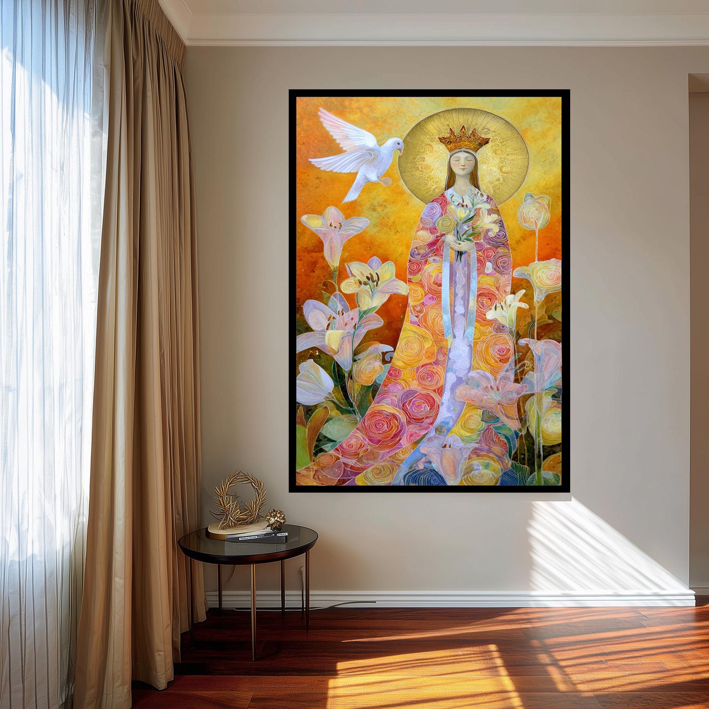 Modern Virgin Mary Wall Art Sacred Mother With Golden Halo Colorful Floral Robe And White Dove Spiritual Catholic Home Canvas Virgin Mary