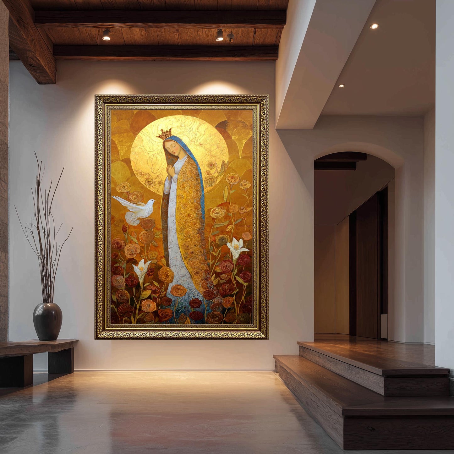 Virgin Mary Wall Art Golden Halo Catholic Canvas Print Blessed Mother Surrounded By Roses Dove And Sacred Light Spiritual Decor Mother Print
