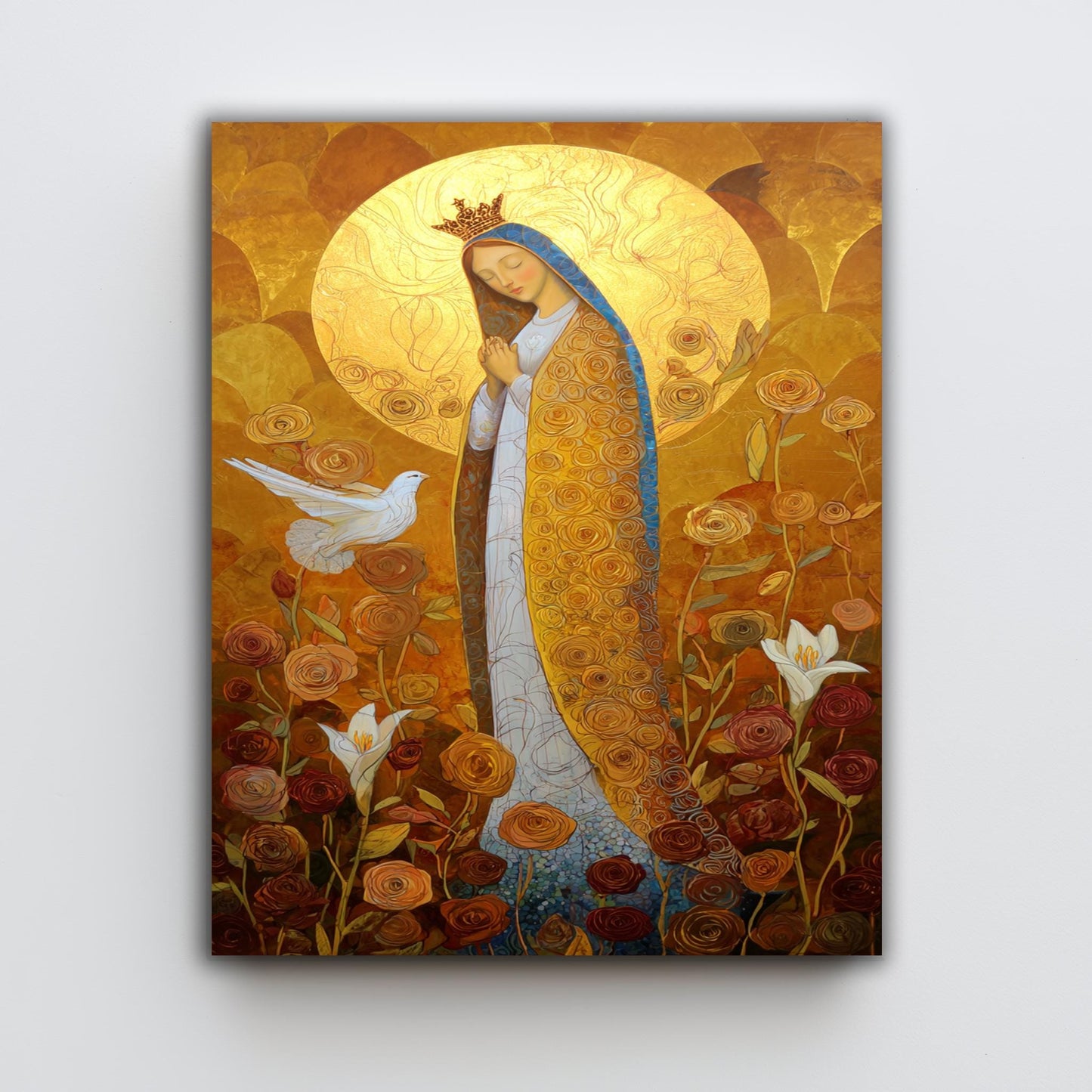 Virgin Mary Wall Art Golden Halo Catholic Canvas Print Blessed Mother Surrounded By Roses Dove And Sacred Light Spiritual Decor Mother Print