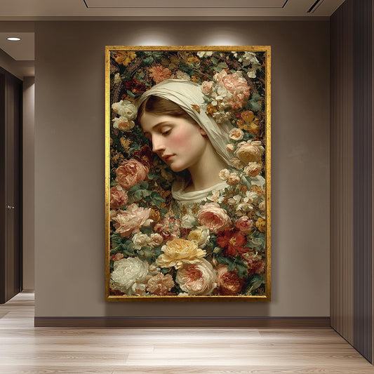Vintage Virgin Mary Floral Wall Art Catholic Canvas Print With Roses Holy Mother Surrounded By Garden Blooms Elegant Religious Decor