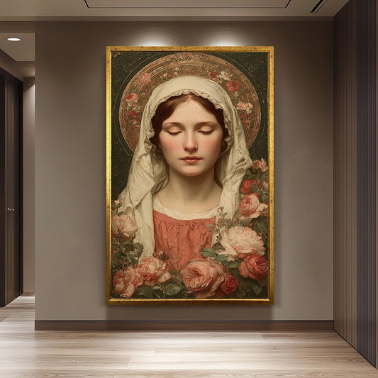 Vintage Virgin Mary Wall Art Holy Mother With Roses Closed Eyes Canvas Print Catholic Religious Home Decor Antique Style Painting