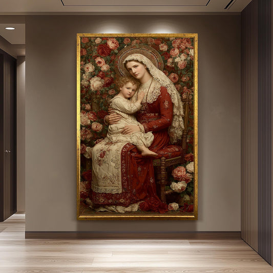 Vintage Madonna And Child Wall Art Catholic Canvas Print With Roses Holy Mother And Jesus Religious Home Decor In Red Embroidered Robe