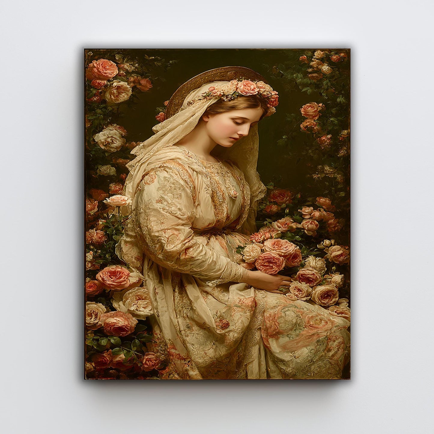 Vintage Virgin Mary Wall Art Catholic Canvas Print With Rose Crown Holy Mother In Embroidered Robe Surrounded By Blush Floral Garden