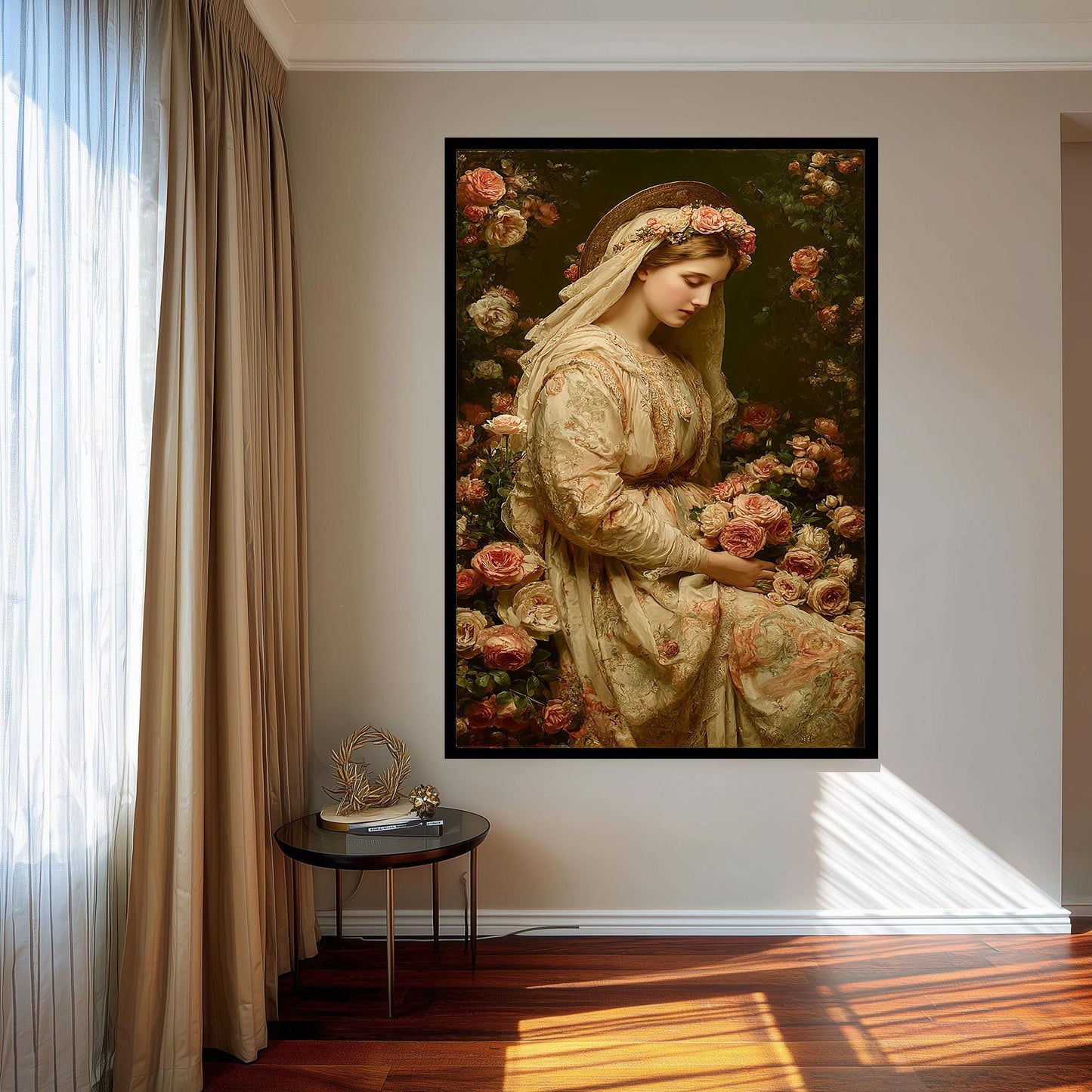 Vintage Virgin Mary Wall Art Catholic Canvas Print With Rose Crown Holy Mother In Embroidered Robe Surrounded By Blush Floral Garden