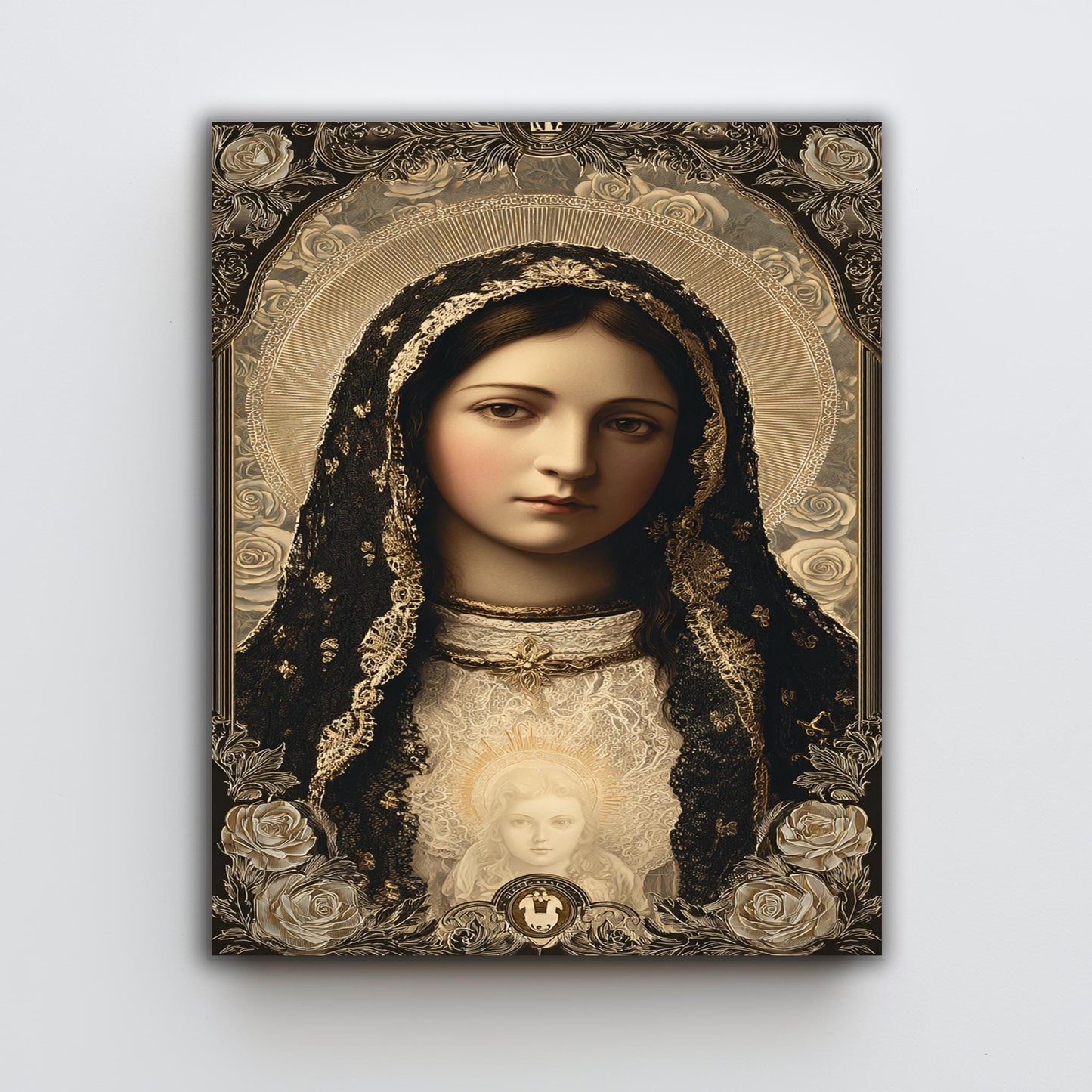 Our Lady Of Guadalupe Wall Art Catholic Canvas Print Black And Gold Sacred Virgin Mary Portrait With Child Holy Religious Home Decor