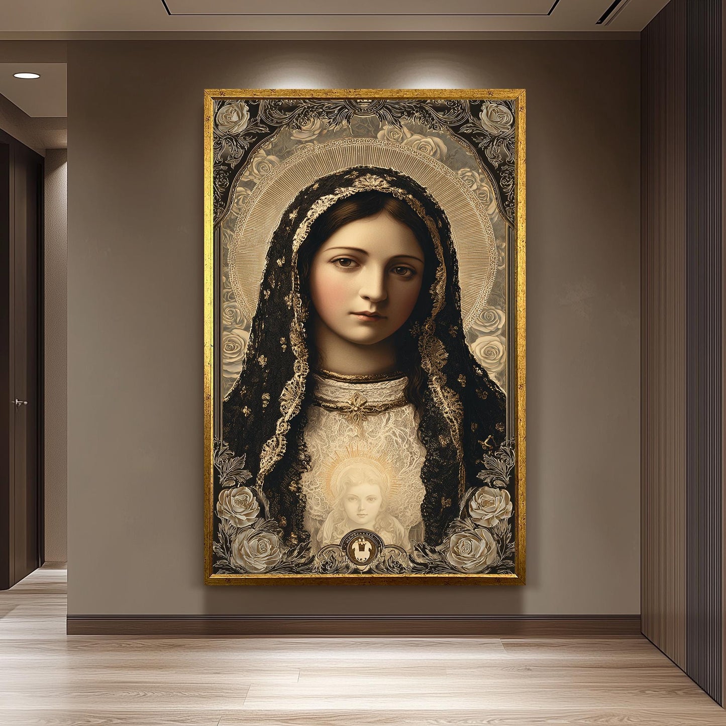 Our Lady Of Guadalupe Wall Art Catholic Canvas Print Black And Gold Sacred Virgin Mary Portrait With Child Holy Religious Home Decor