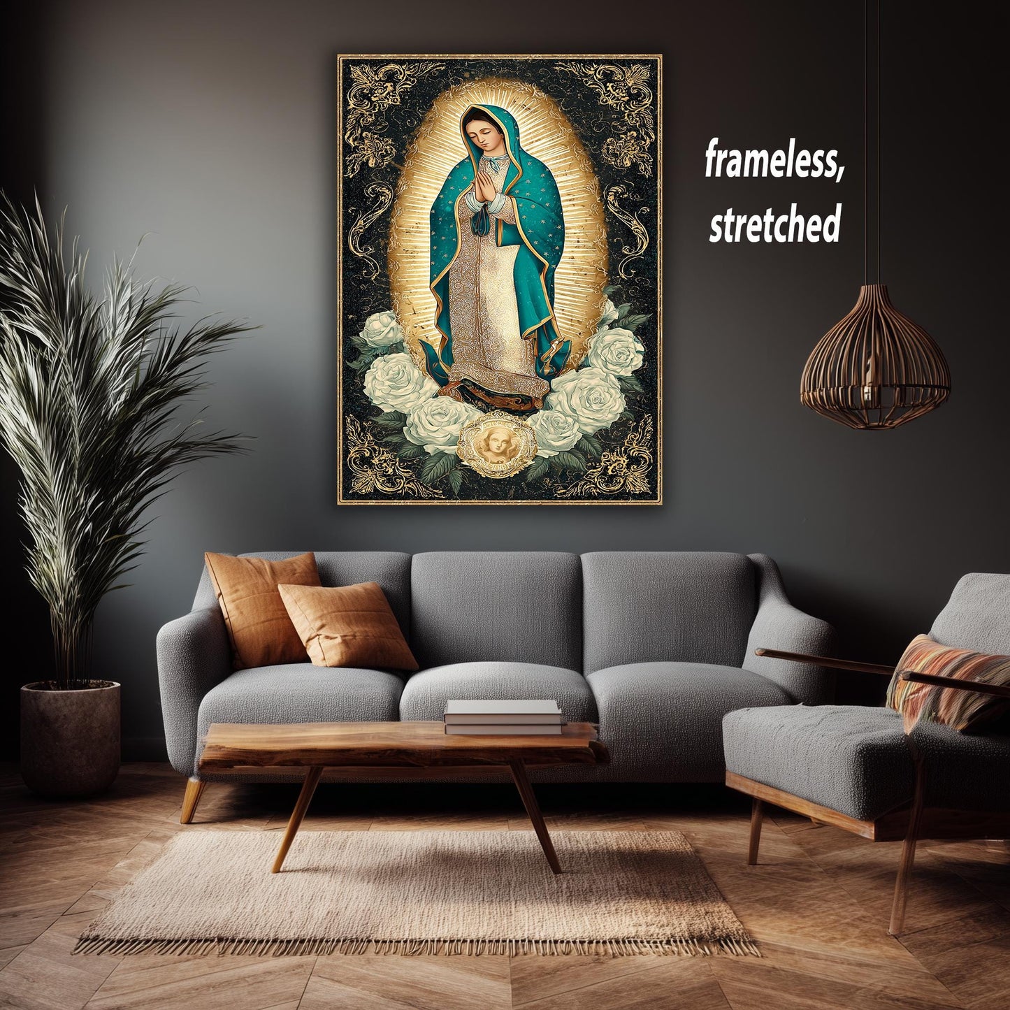 Our Lady Of Guadalupe Wall Art Full Body Catholic Canvas Print Virgin Mary In Teal Mantle Surrounded By Gold Light And White Roses