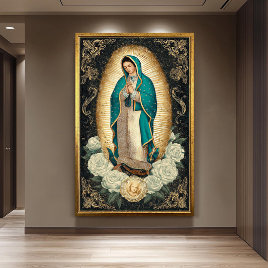 Our Lady Of Guadalupe Wall Art Full Body Catholic Canvas Print Virgin Mary In Teal Mantle Surrounded By Gold Light And White Roses