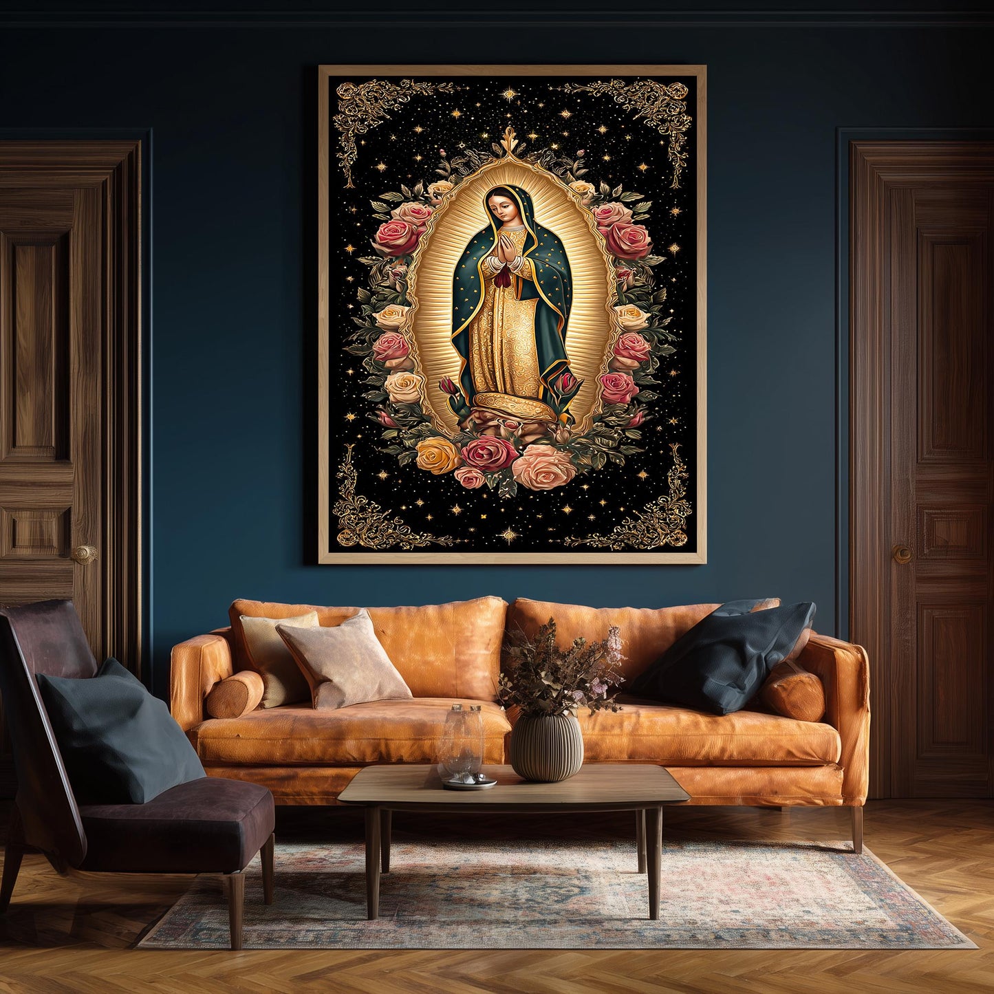 Our Lady Of Guadalupe Wall Art Full Body Canvas Print With Angel At Her Feet Surrounded By Roses And Stars Catholic Spiritual Decor