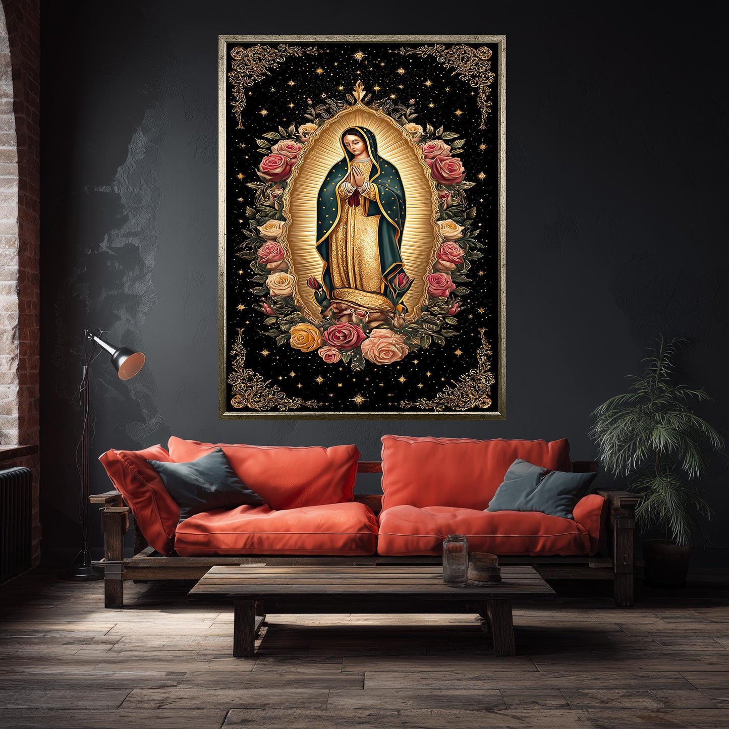 Our Lady Of Guadalupe Wall Art Full Body Canvas Print With Angel At Her Feet Surrounded By Roses And Stars Catholic Spiritual Decor
