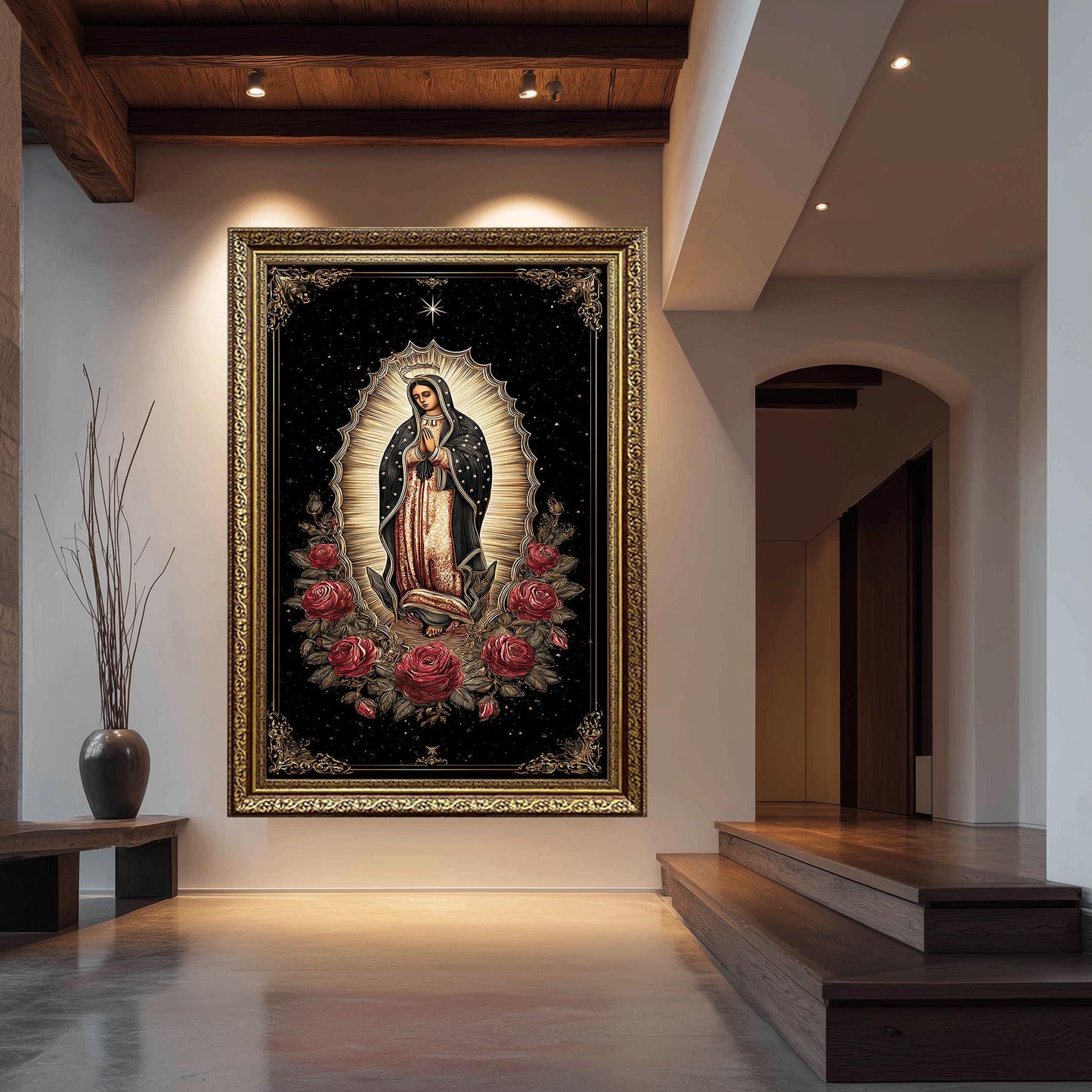 Our Lady Of Guadalupe Full Body Wall Art With Crown Surrounded By Roses Catholic Canvas Print Golden Light On Black Spiritual Background