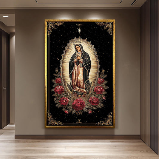 Our Lady Of Guadalupe Full Body Wall Art With Crown Surrounded By Roses Catholic Canvas Print Golden Light On Black Spiritual Background