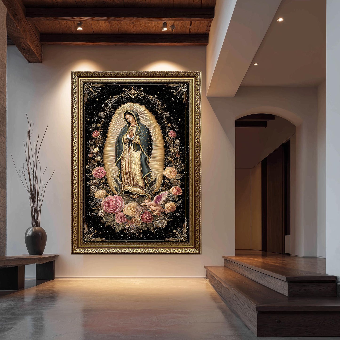 Our Lady Of Guadalupe Wall Art Full Body Canvas Print Surrounded By Roses With Angel Cherub Golden Light On Black Catholic Decor Mother Mary