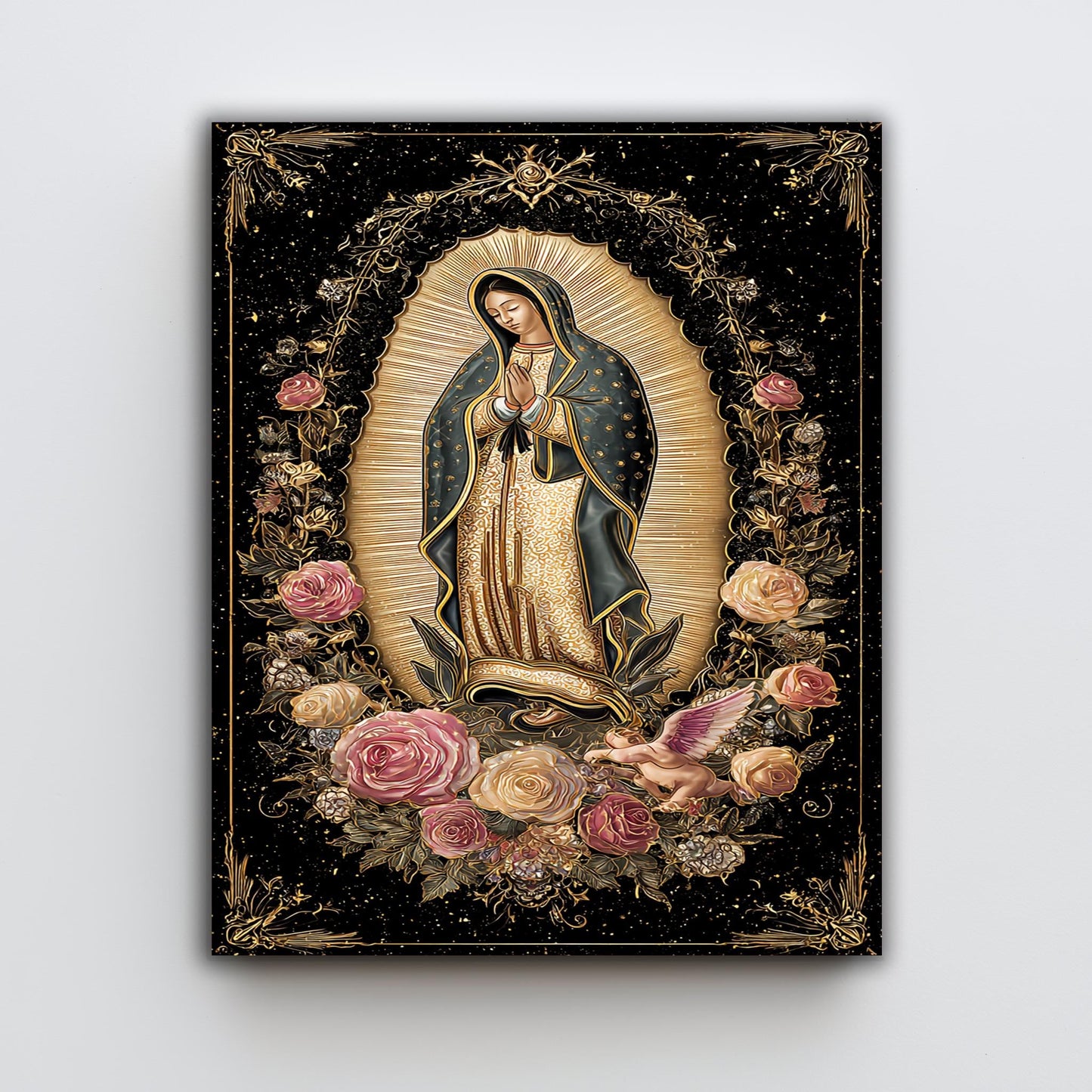 Our Lady Of Guadalupe Wall Art Full Body Canvas Print Surrounded By Roses With Angel Cherub Golden Light On Black Catholic Decor Mother Mary