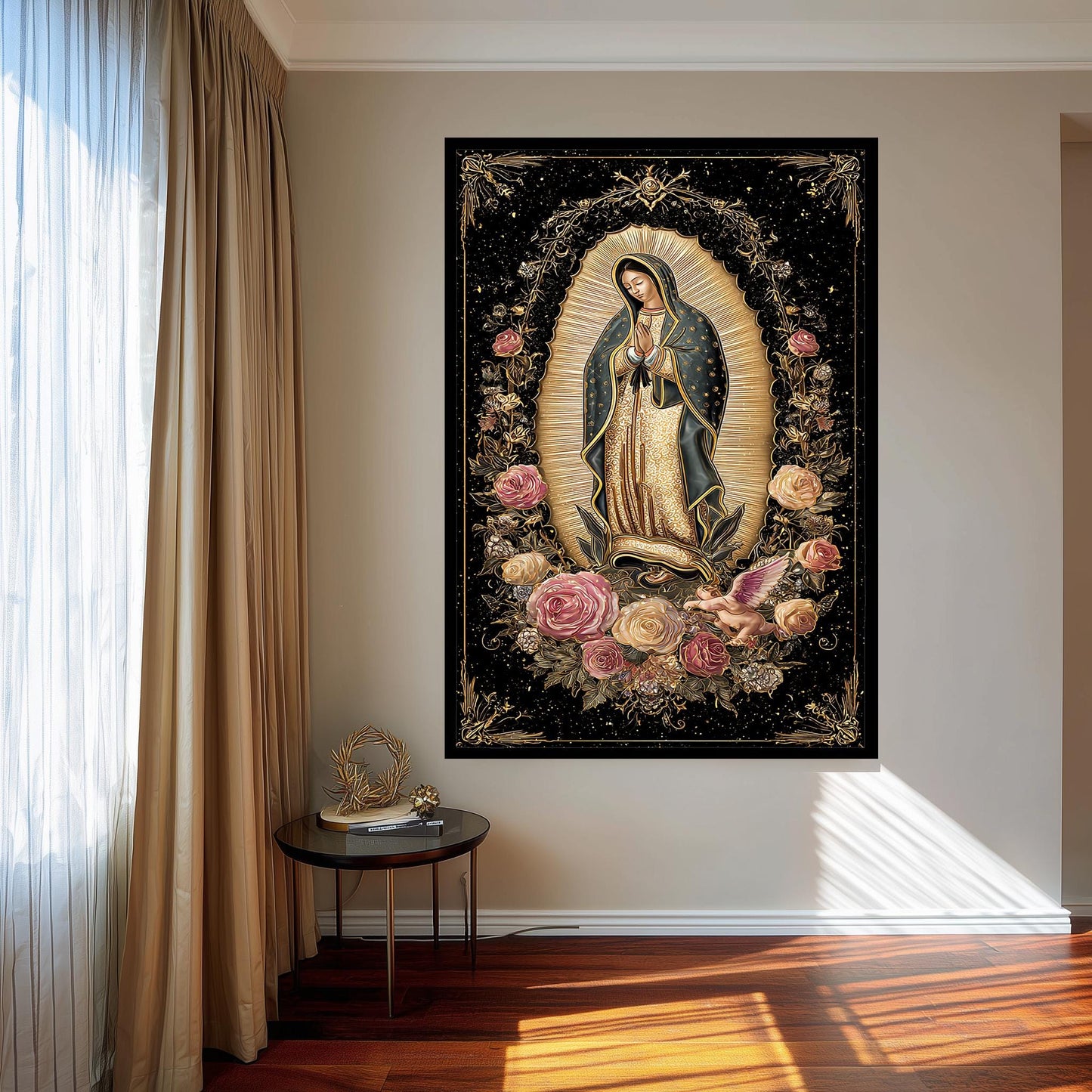 Our Lady Of Guadalupe Wall Art Full Body Canvas Print Surrounded By Roses With Angel Cherub Golden Light On Black Catholic Decor Mother Mary