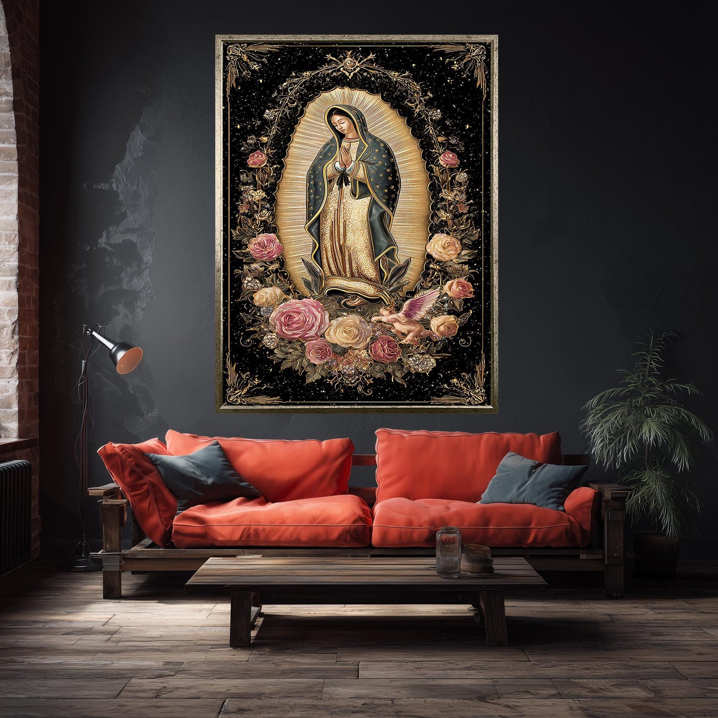 Our Lady Of Guadalupe Wall Art Full Body Canvas Print Surrounded By Roses With Angel Cherub Golden Light On Black Catholic Decor Mother Mary