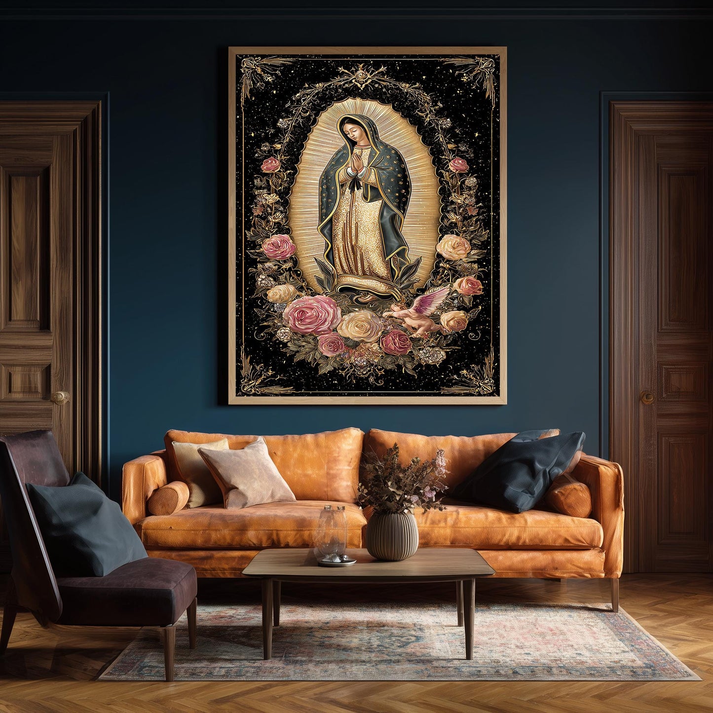 Our Lady Of Guadalupe Wall Art Full Body Canvas Print Surrounded By Roses With Angel Cherub Golden Light On Black Catholic Decor Mother Mary