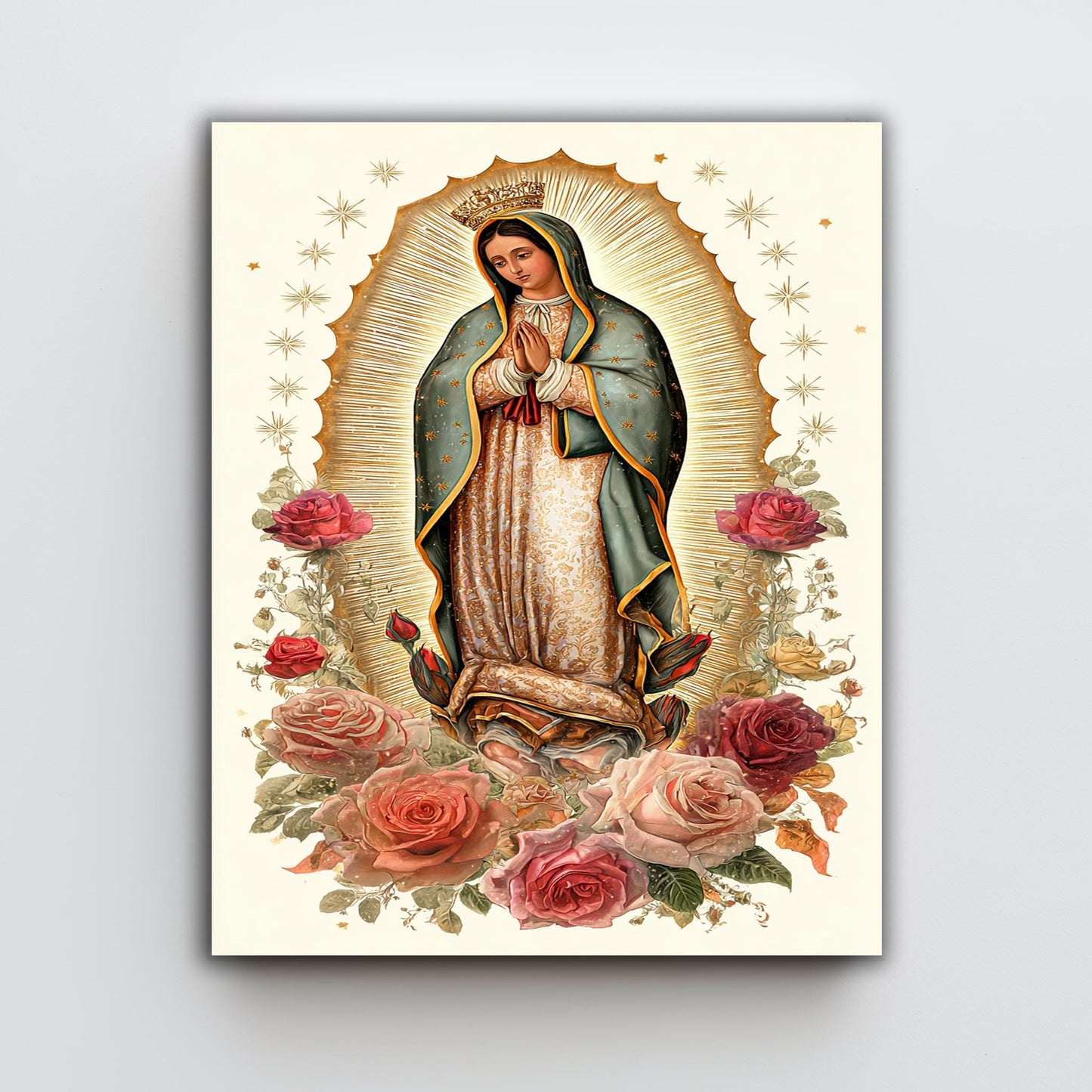 Our Lady Of Guadalupe Full Body Canvas Print With Crown Surrounded By Roses And Gold Light On Cream Background Catholic Wall Art Mother Mary