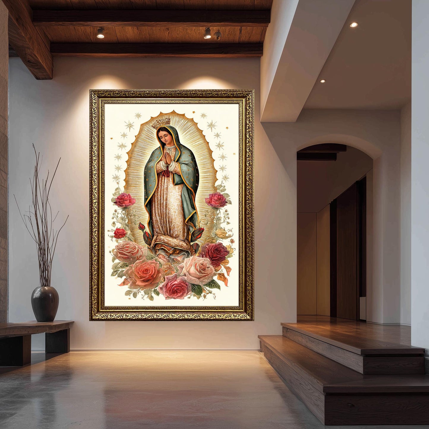 Our Lady Of Guadalupe Full Body Canvas Print With Crown Surrounded By Roses And Gold Light On Cream Background Catholic Wall Art Mother Mary
