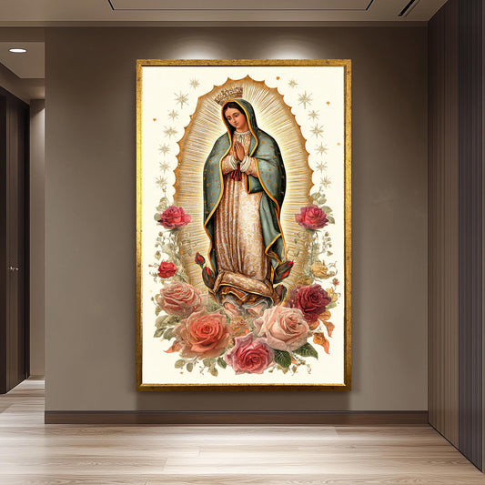 Our Lady Of Guadalupe Full Body Canvas Print With Crown Surrounded By Roses And Gold Light On Cream Background Catholic Wall Art Mother Mary