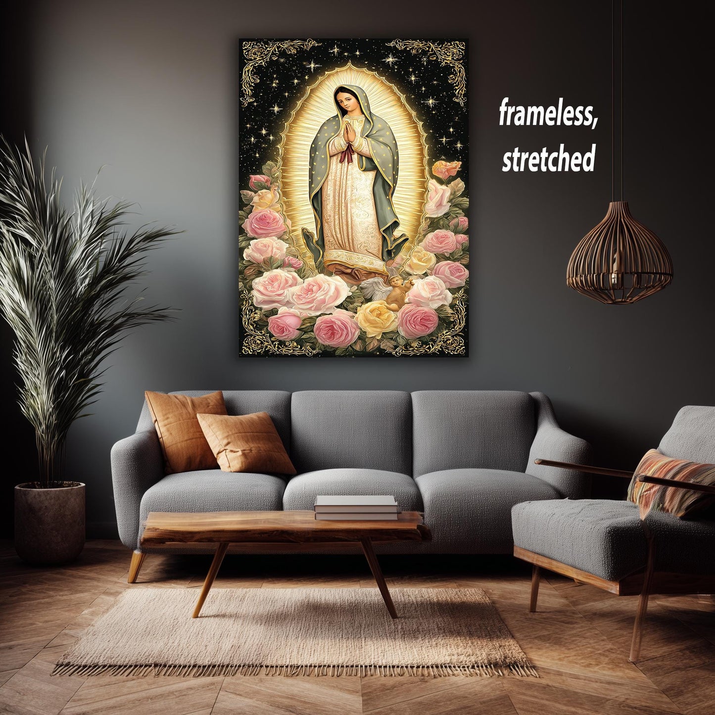 Our Lady Of Guadalupe Full Body Canvas Print With Angel Surrounded By Soft Roses And Golden Light On Starry Background Catholic Wall Art