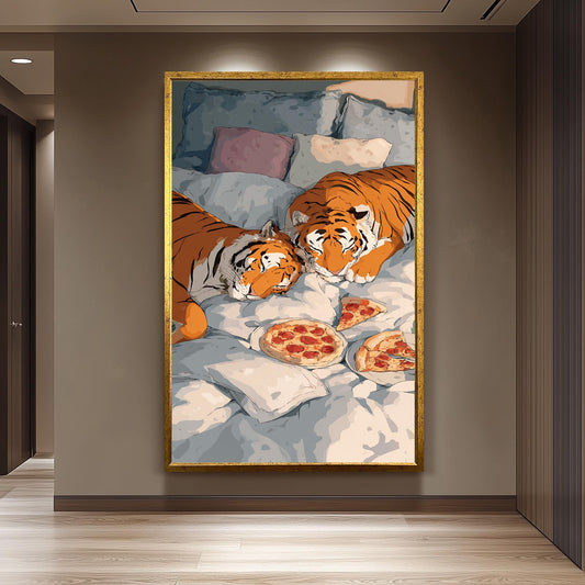 Whimsical Tigers In Bed Wall Art Funny Animal Canvas Print Two Tigers Eating Pizza In Cozy Bedding Surreal Pop Art Home Decor