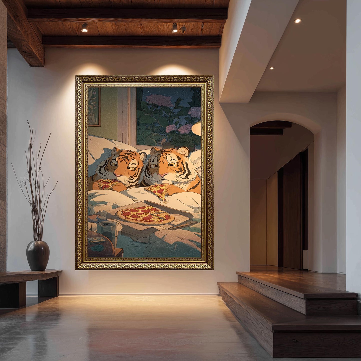 Cozy Tigers Eating Pizza Wall Art Whimsical Animal Canvas Print Two Tigers Sharing Pepperoni Pizza In Bed Under Starry Night Tiger Wall Art