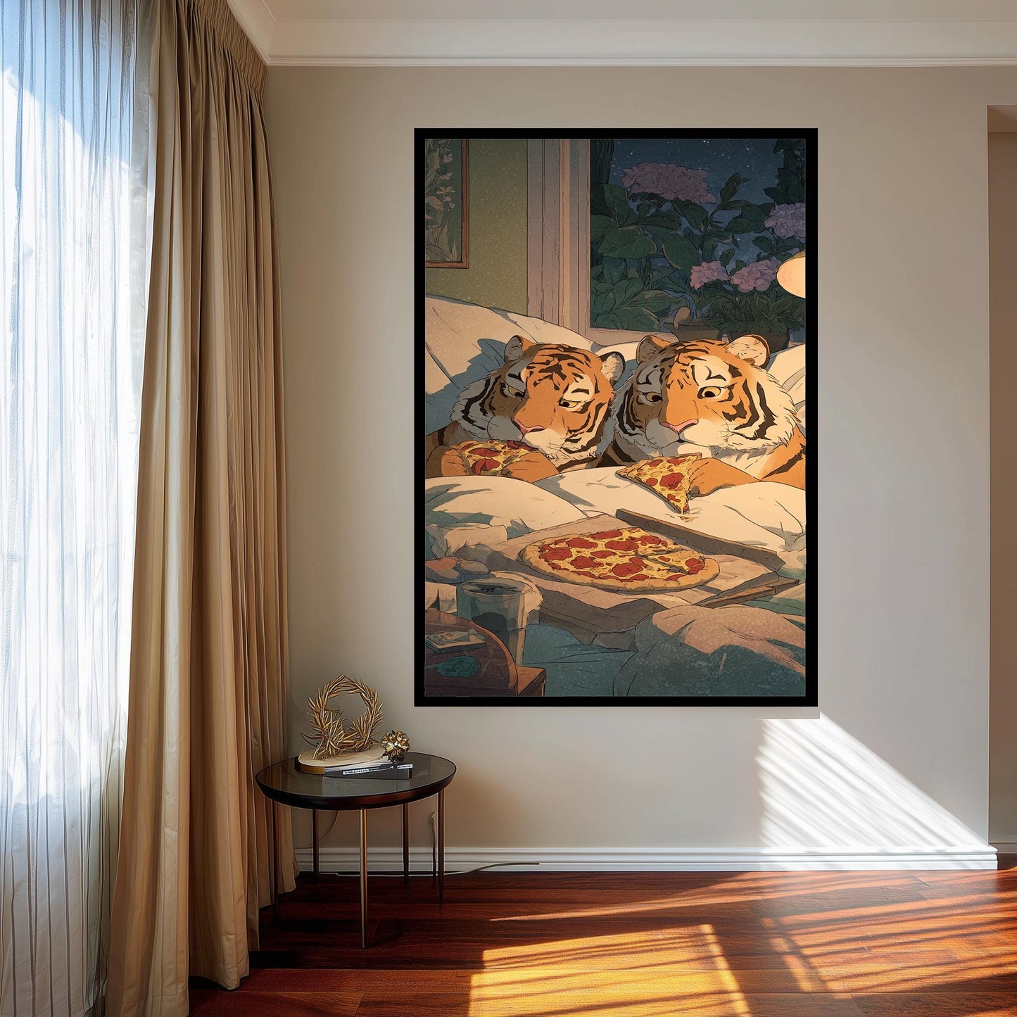 Cozy Tigers Eating Pizza Wall Art Whimsical Animal Canvas Print Two Tigers Sharing Pepperoni Pizza In Bed Under Starry Night Tiger Wall Art