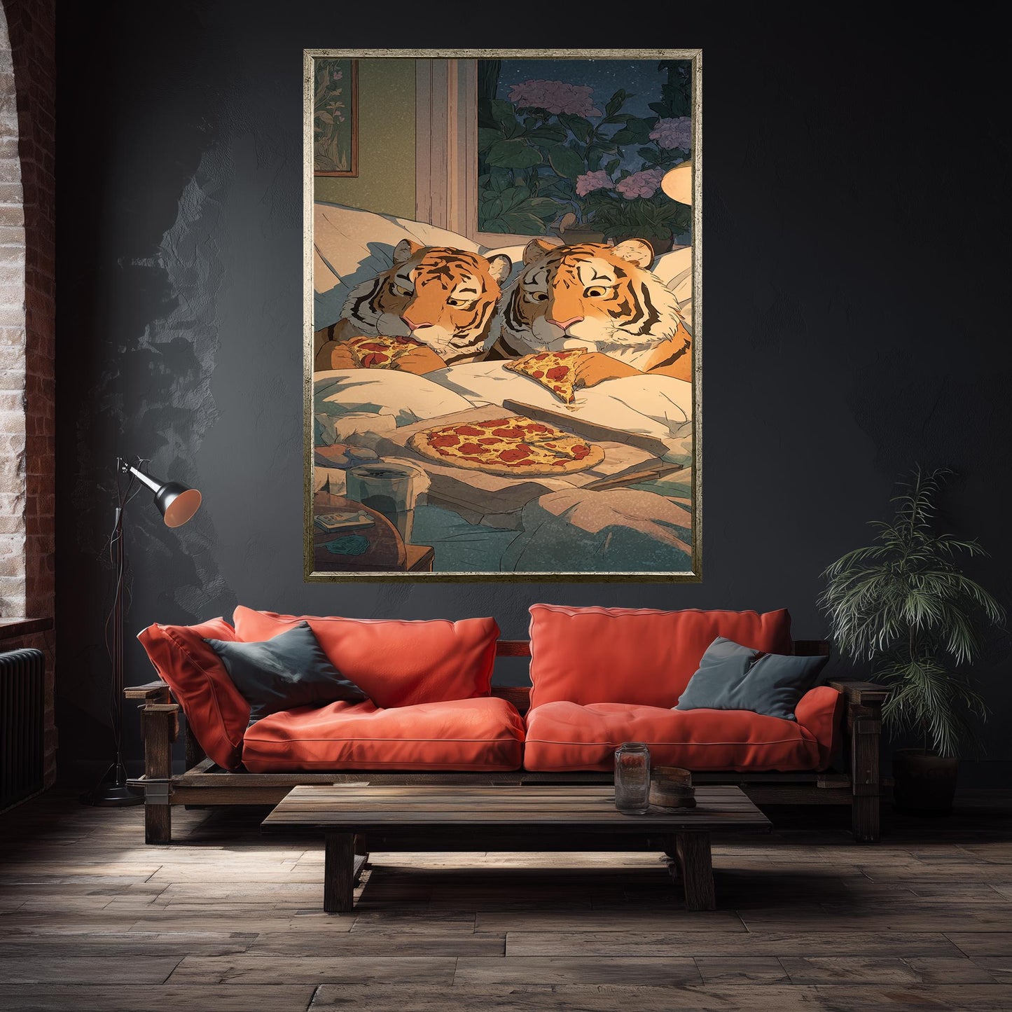Cozy Tigers Eating Pizza Wall Art Whimsical Animal Canvas Print Two Tigers Sharing Pepperoni Pizza In Bed Under Starry Night Tiger Wall Art