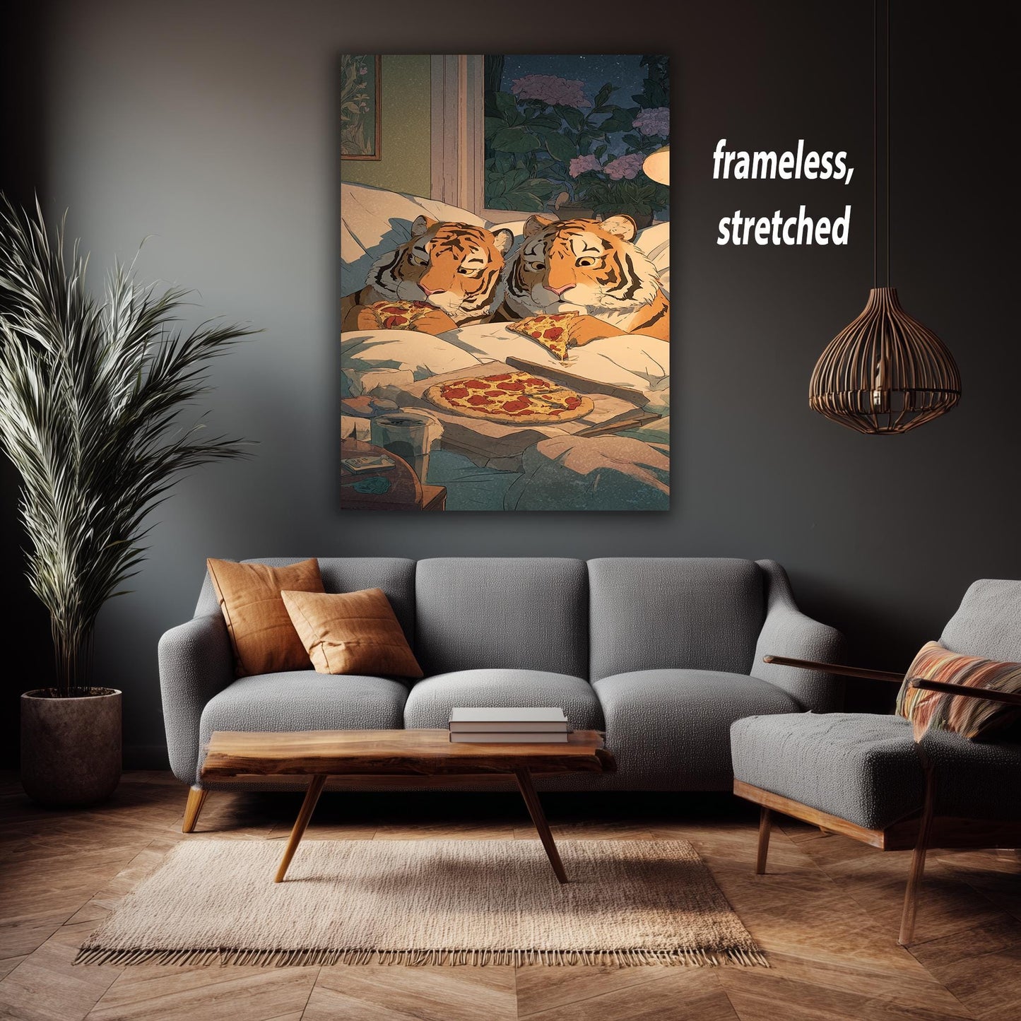 Cozy Tigers Eating Pizza Wall Art Whimsical Animal Canvas Print Two Tigers Sharing Pepperoni Pizza In Bed Under Starry Night Tiger Wall Art