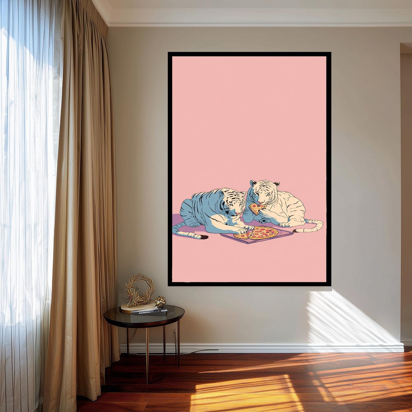 Retro White Tigers Eating Pizza Wall Art Pastel Pop Art Canvas Print 80s Style Tigers With Pepperoni Pizza On Pink Background Tiger Wall Art