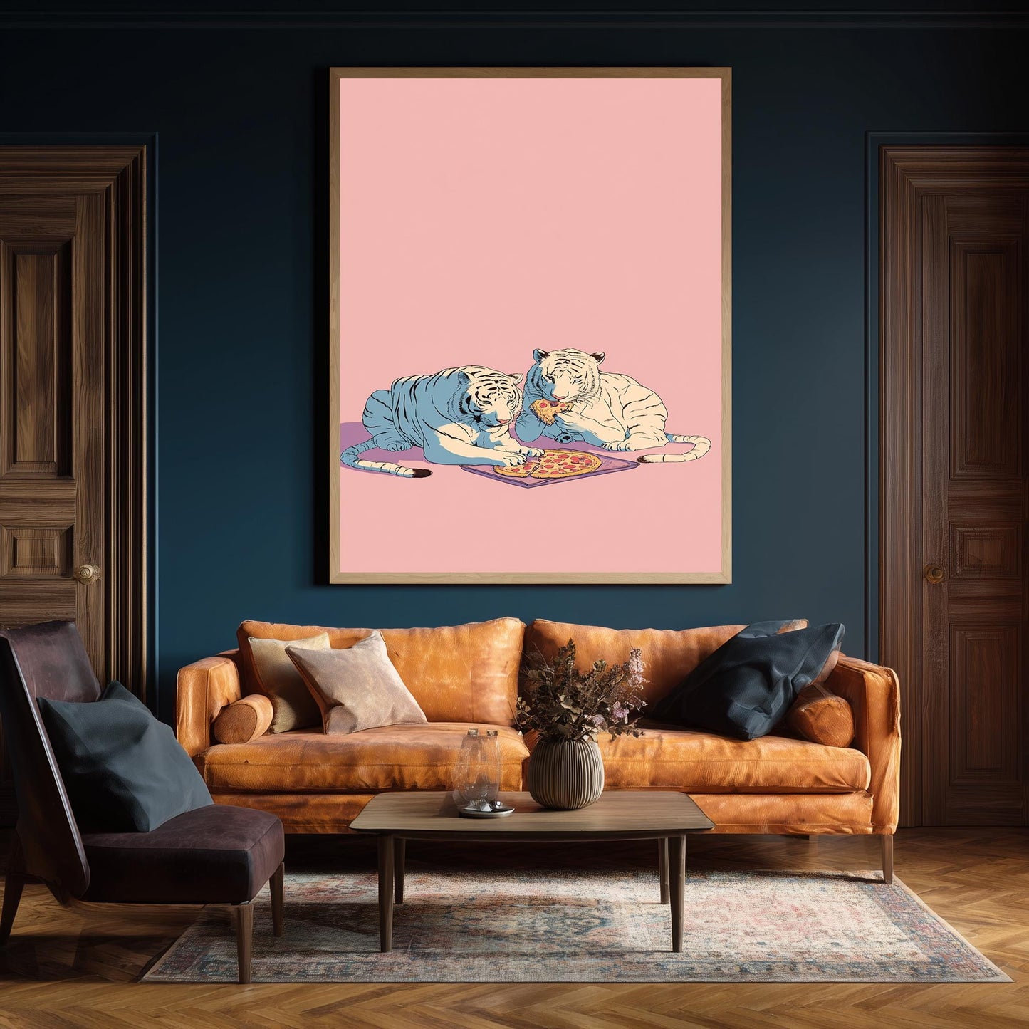 Retro White Tigers Eating Pizza Wall Art Pastel Pop Art Canvas Print 80s Style Tigers With Pepperoni Pizza On Pink Background Tiger Wall Art