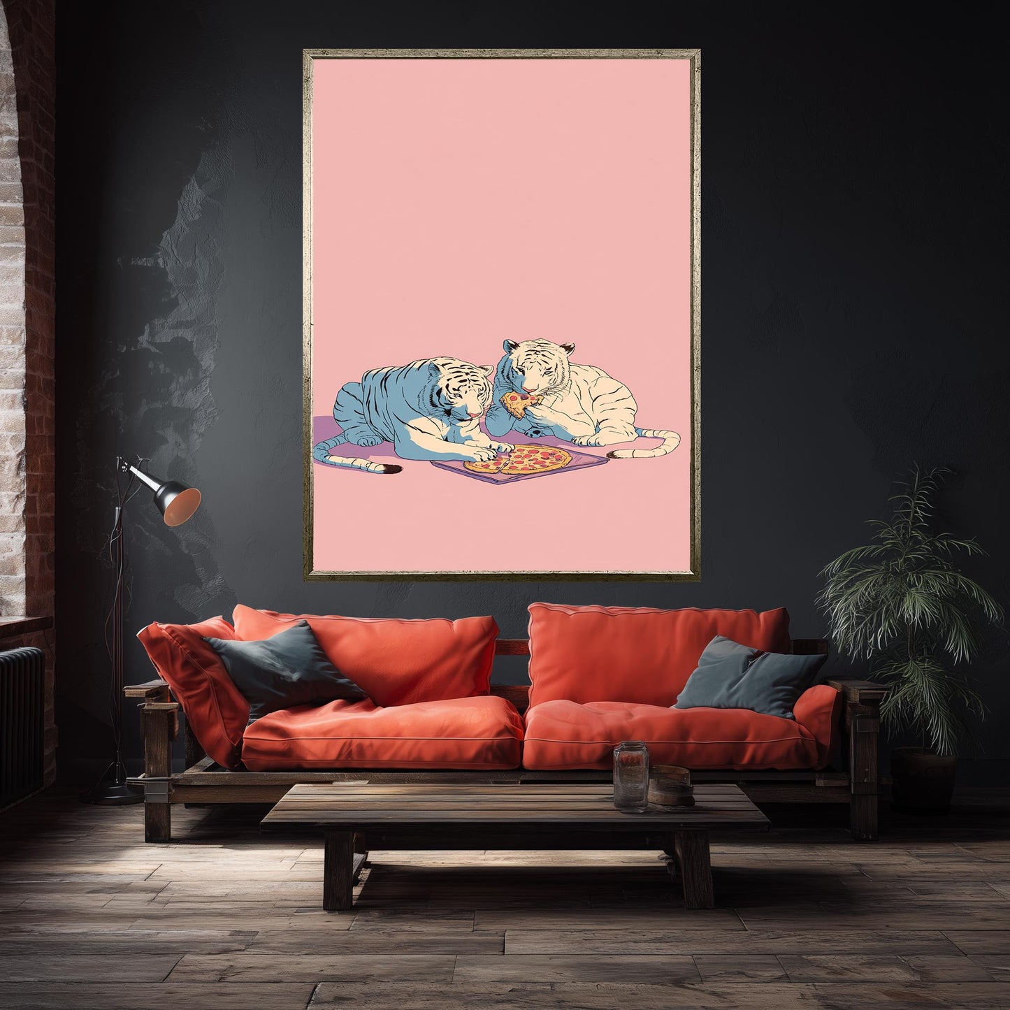 Retro White Tigers Eating Pizza Wall Art Pastel Pop Art Canvas Print 80s Style Tigers With Pepperoni Pizza On Pink Background Tiger Wall Art