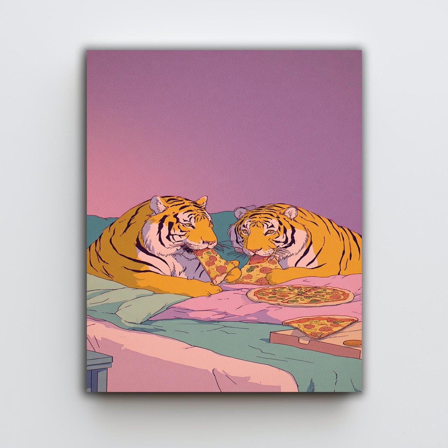 Pastel Tigers Eating Pizza Wall Art Retro 80s Style Canvas Print Two Tigers In Bed Sharing Pizza Under Gradient Sunset Colors Tiger Wall Art