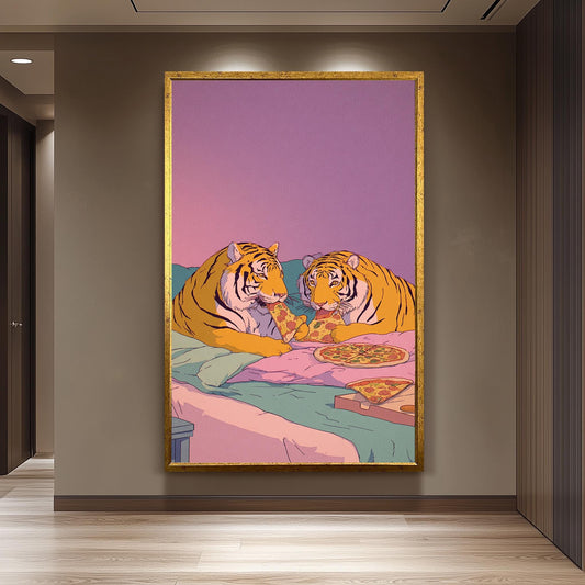 Pastel Tigers Eating Pizza Wall Art Retro 80s Style Canvas Print Two Tigers In Bed Sharing Pizza Under Gradient Sunset Colors Tiger Wall Art