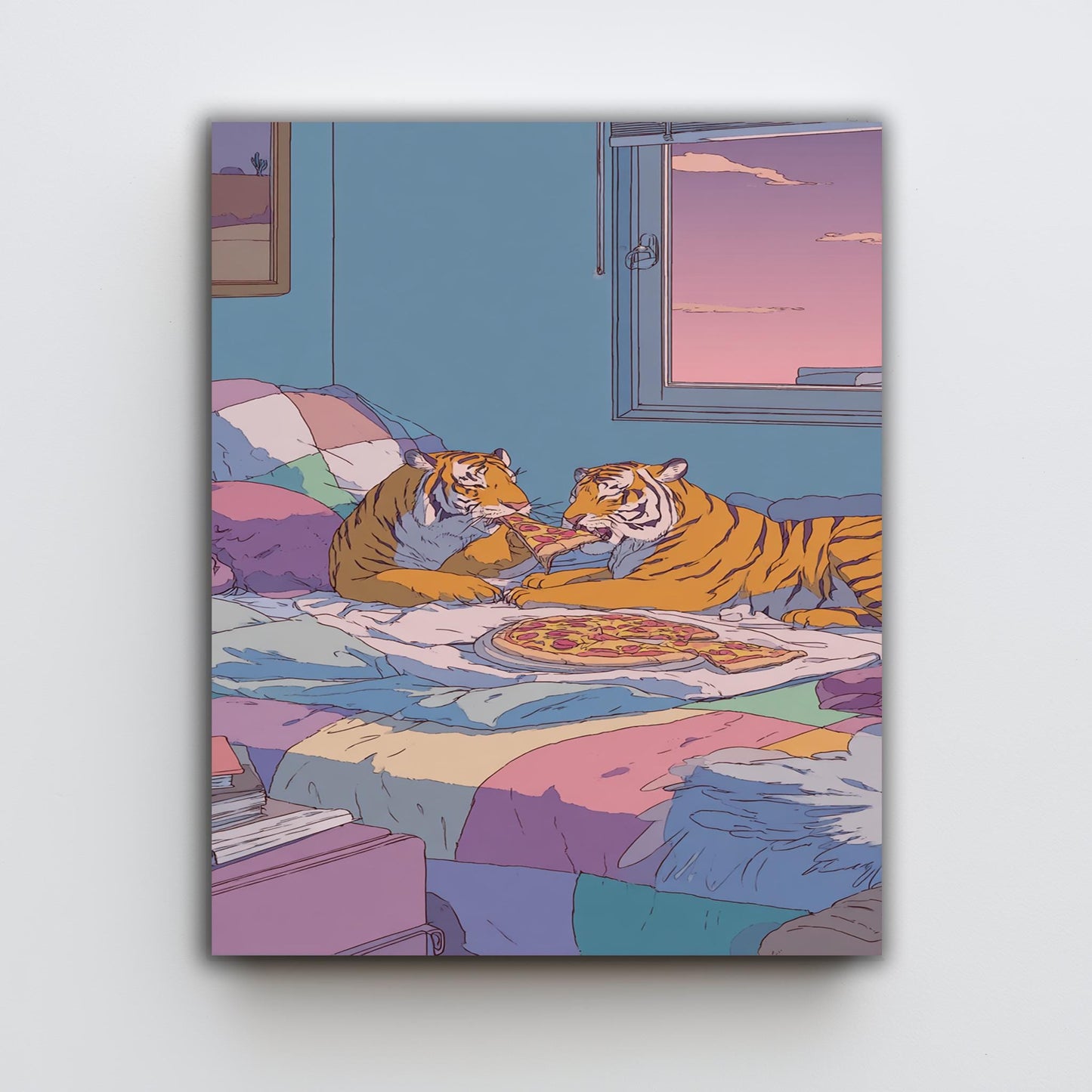 Two Tigers Eating Pepperoni Pizza in Cozy Pastel Bedroom with 80s Retro Aesthetic  Whimsical Animal Art Print for Home Wall Decor Tiger Art