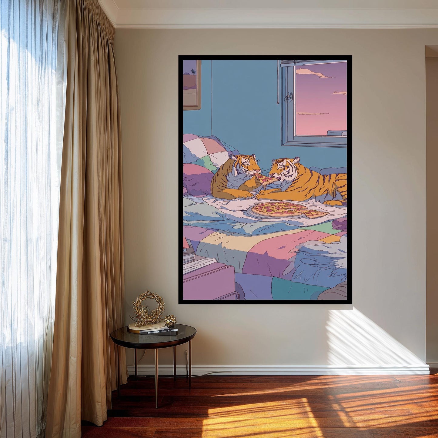 Two Tigers Eating Pepperoni Pizza in Cozy Pastel Bedroom with 80s Retro Aesthetic  Whimsical Animal Art Print for Home Wall Decor Tiger Art