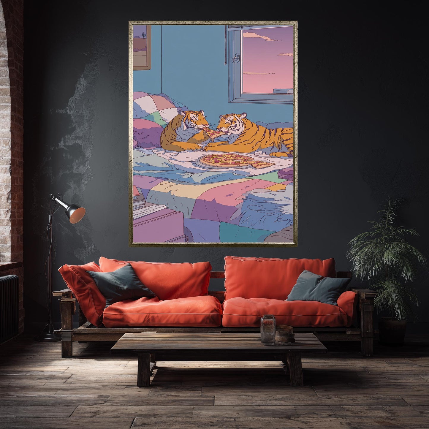Two Tigers Eating Pepperoni Pizza in Cozy Pastel Bedroom with 80s Retro Aesthetic  Whimsical Animal Art Print for Home Wall Decor Tiger Art