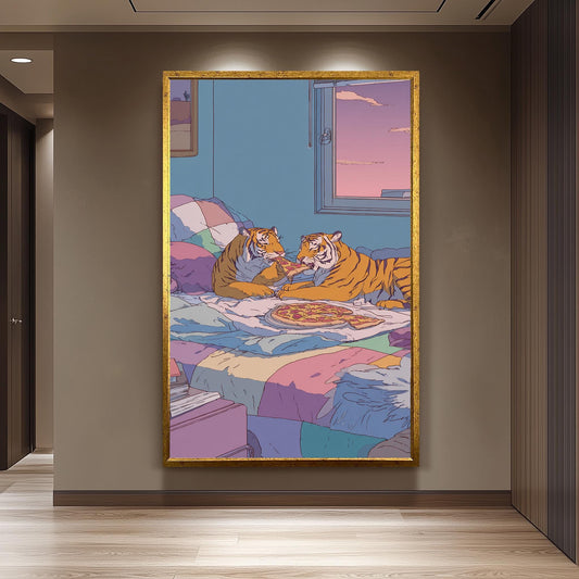 Two Tigers Eating Pepperoni Pizza in Cozy Pastel Bedroom with 80s Retro Aesthetic  Whimsical Animal Art Print for Home Wall Decor Tiger Art