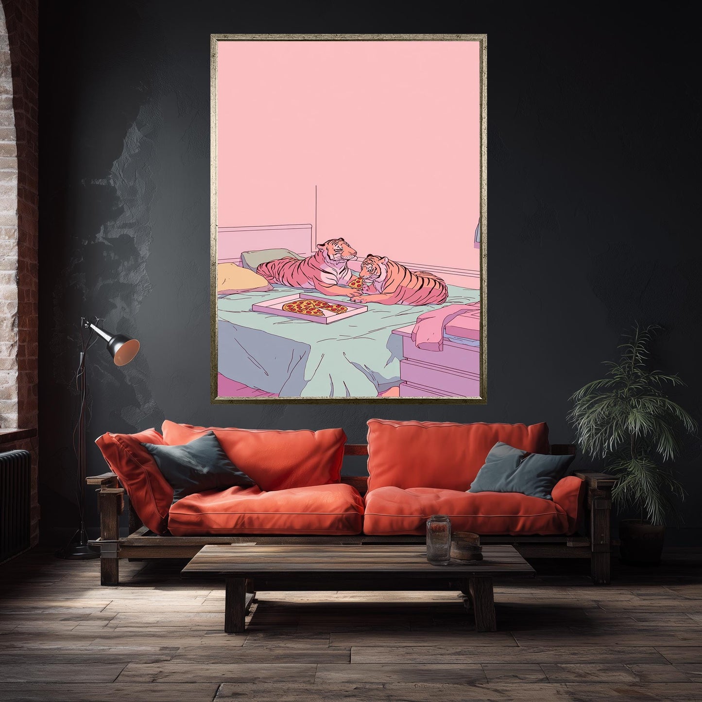 Funny Illustration of Two Tigers Sharing Pizza in a Pastel Pink Room  Retro 80s Aesthetic Animal Artwork for Whimsical Bedroom or Dorm Art