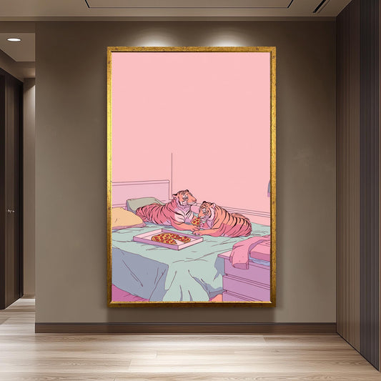Funny Illustration of Two Tigers Sharing Pizza in a Pastel Pink Room  Retro 80s Aesthetic Animal Artwork for Whimsical Bedroom or Dorm Art