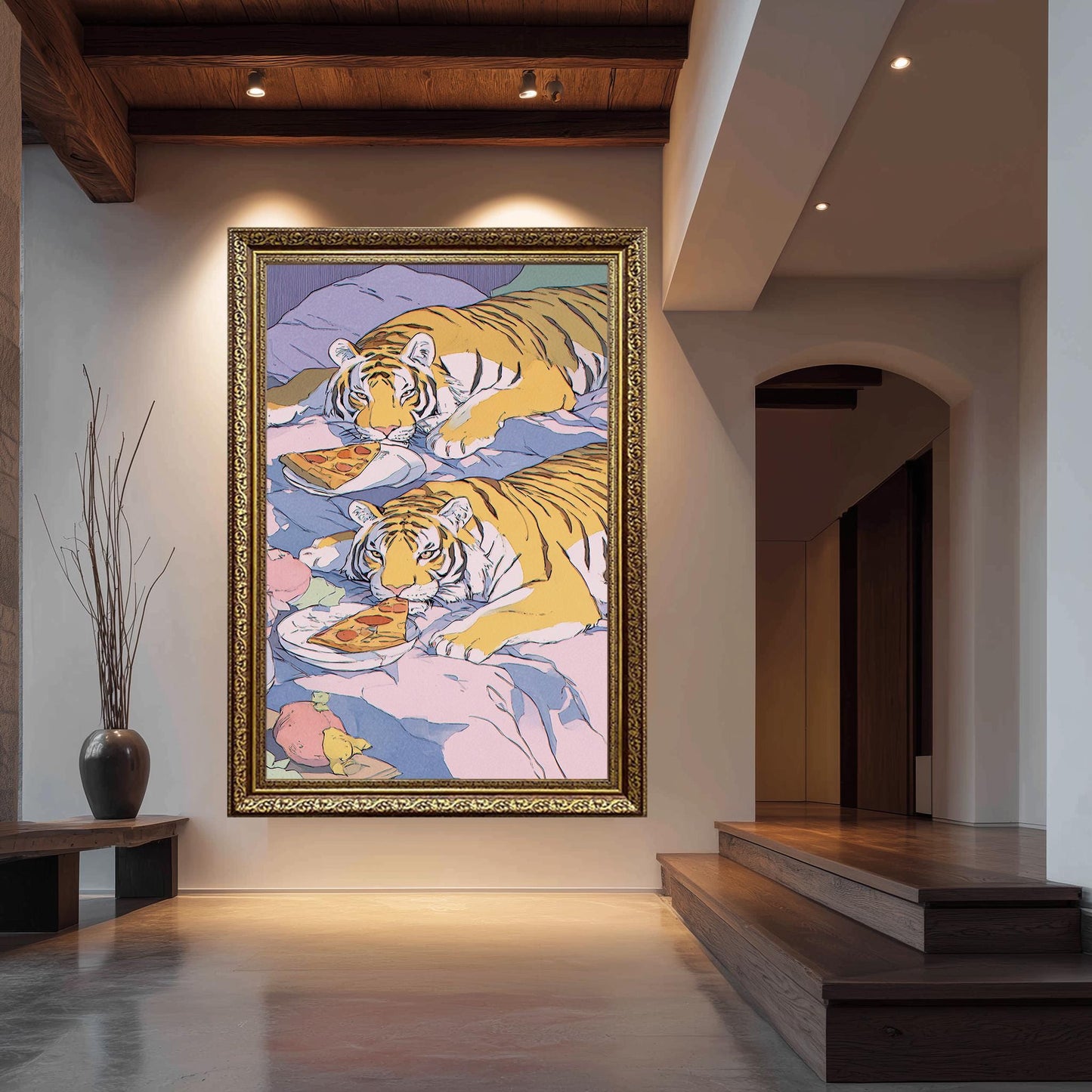 Whimsical Tigers in Bed Enjoying Pizza  Dreamy Pastel Illustration with Playful Retro 80s Aesthetic, Cozy Big Cat Wall Art Tiger Wall Print