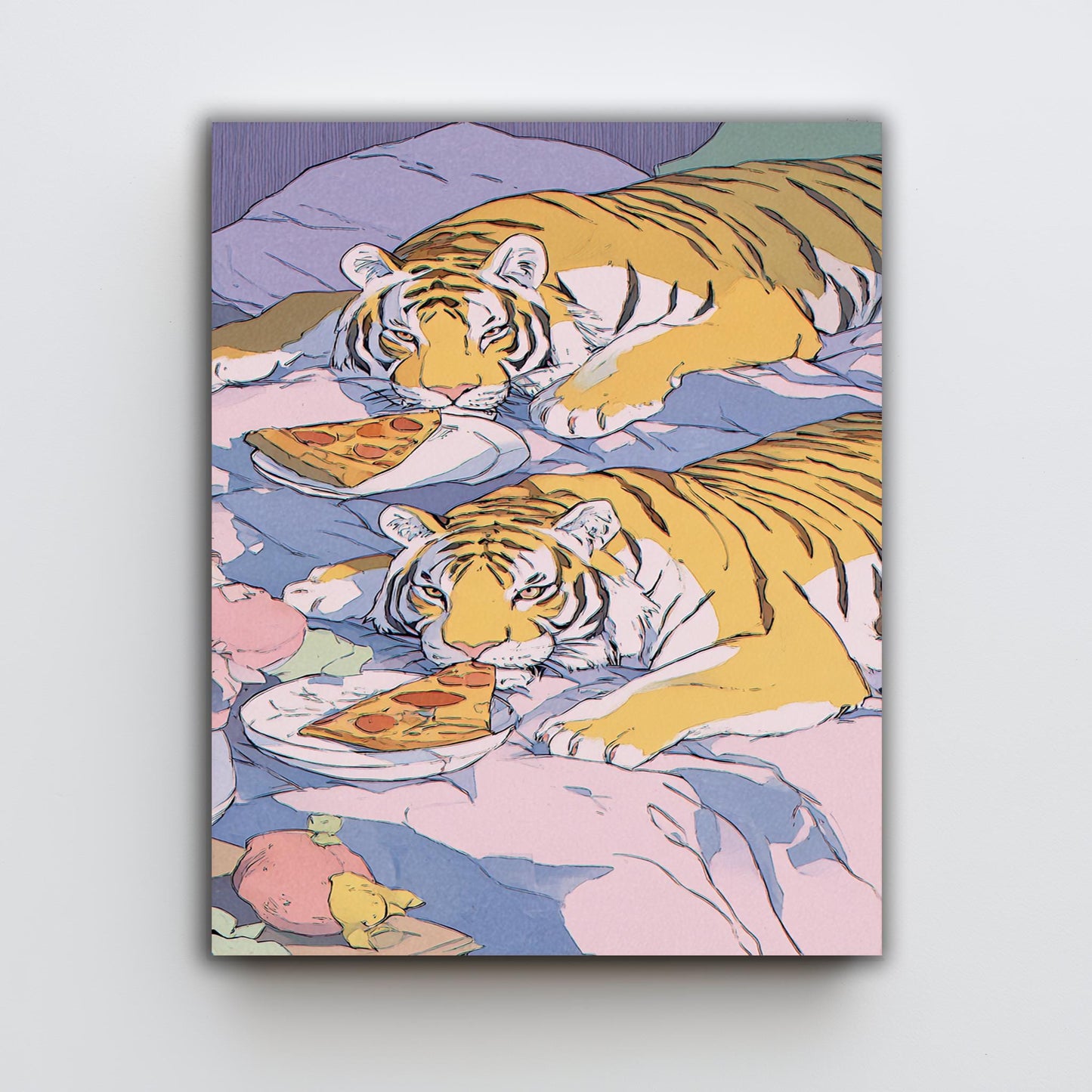 Whimsical Tigers in Bed Enjoying Pizza  Dreamy Pastel Illustration with Playful Retro 80s Aesthetic, Cozy Big Cat Wall Art Tiger Wall Print