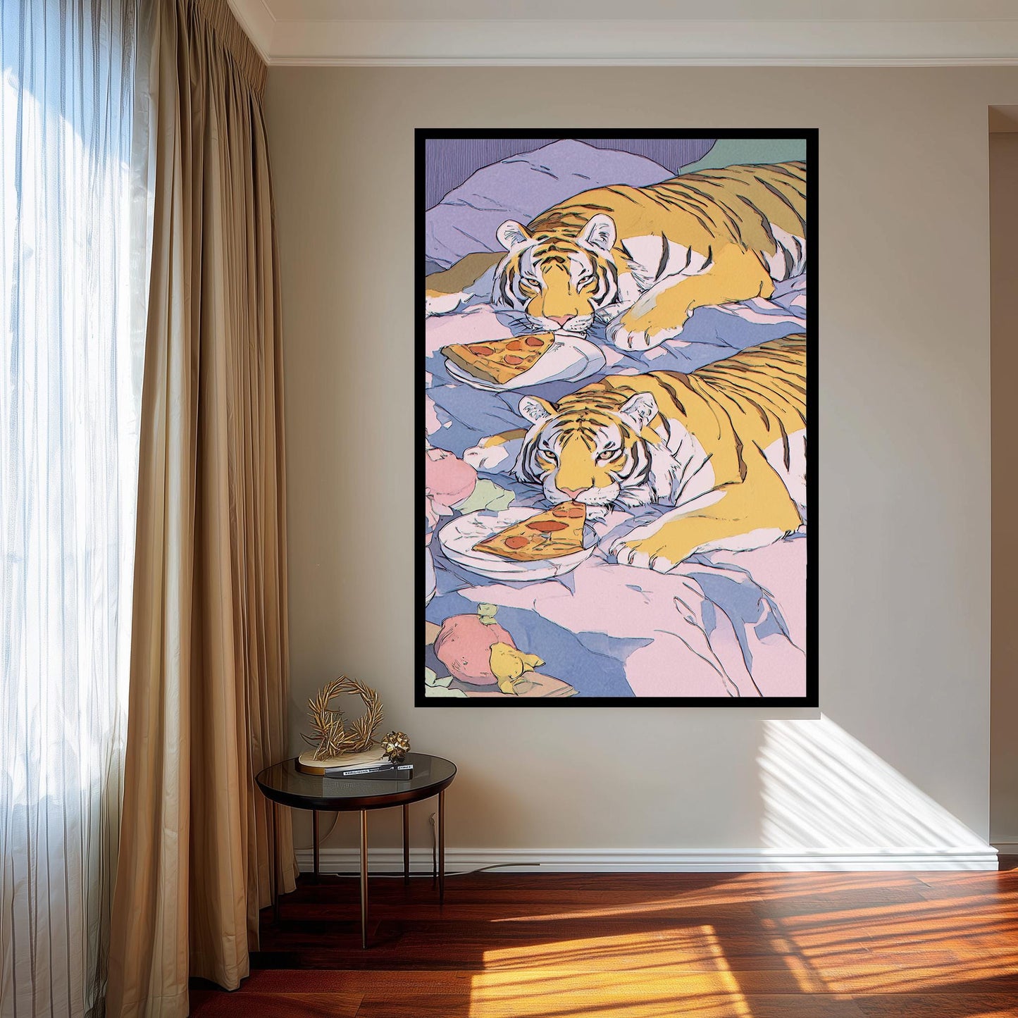 Whimsical Tigers in Bed Enjoying Pizza  Dreamy Pastel Illustration with Playful Retro 80s Aesthetic, Cozy Big Cat Wall Art Tiger Wall Print