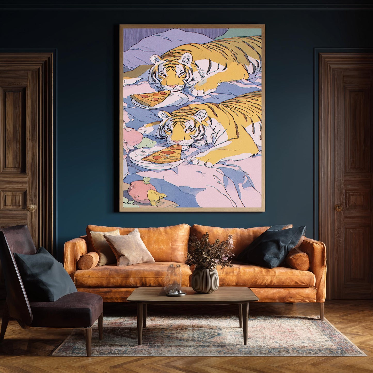 Whimsical Tigers in Bed Enjoying Pizza  Dreamy Pastel Illustration with Playful Retro 80s Aesthetic, Cozy Big Cat Wall Art Tiger Wall Print