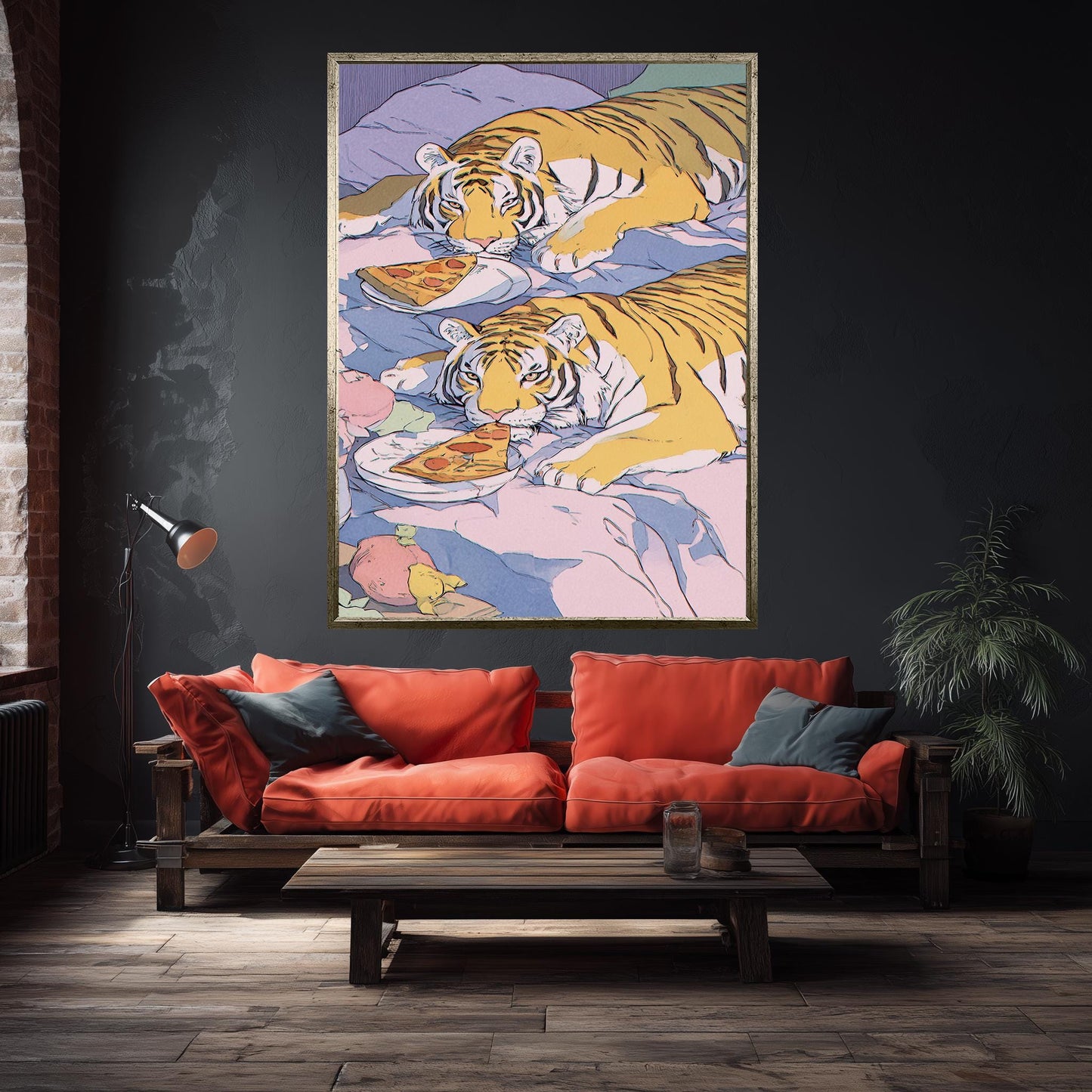 Whimsical Tigers in Bed Enjoying Pizza  Dreamy Pastel Illustration with Playful Retro 80s Aesthetic, Cozy Big Cat Wall Art Tiger Wall Print