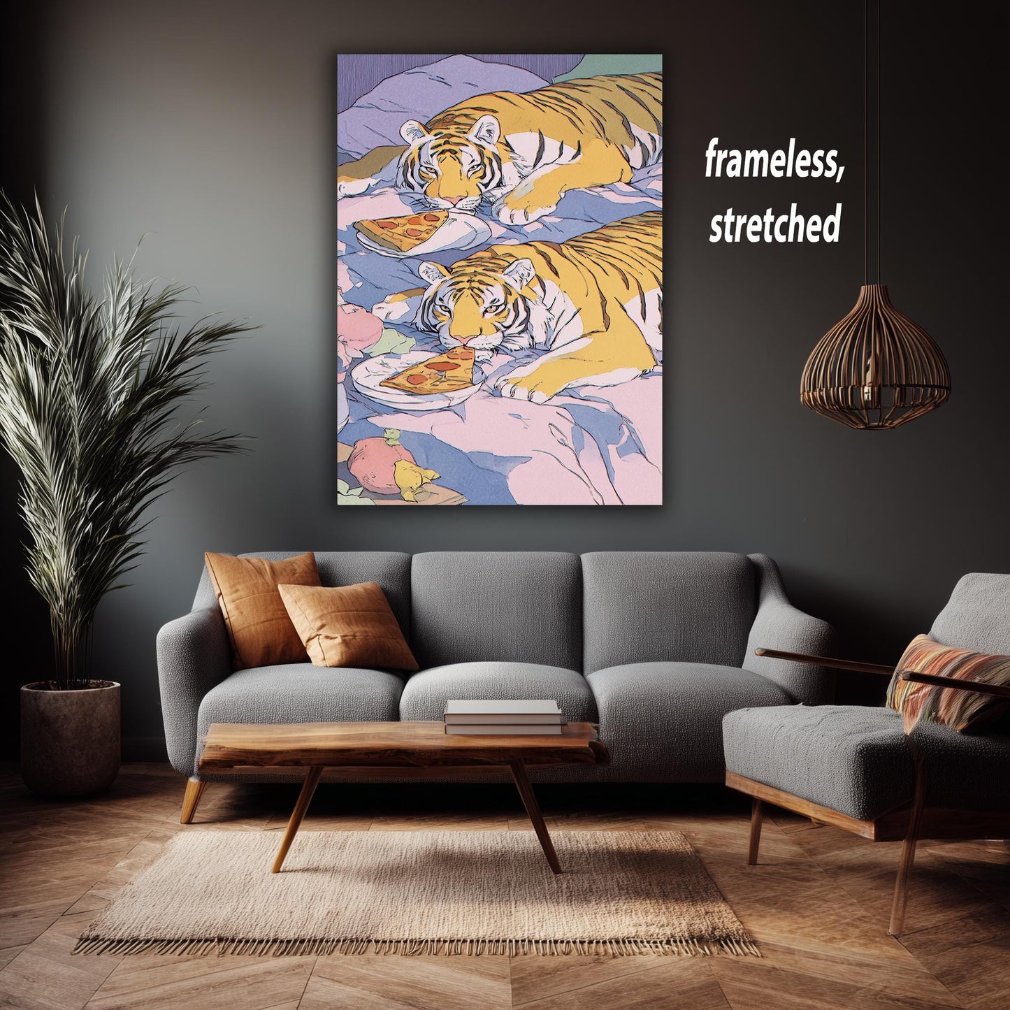 Whimsical Tigers in Bed Enjoying Pizza  Dreamy Pastel Illustration with Playful Retro 80s Aesthetic, Cozy Big Cat Wall Art Tiger Wall Print