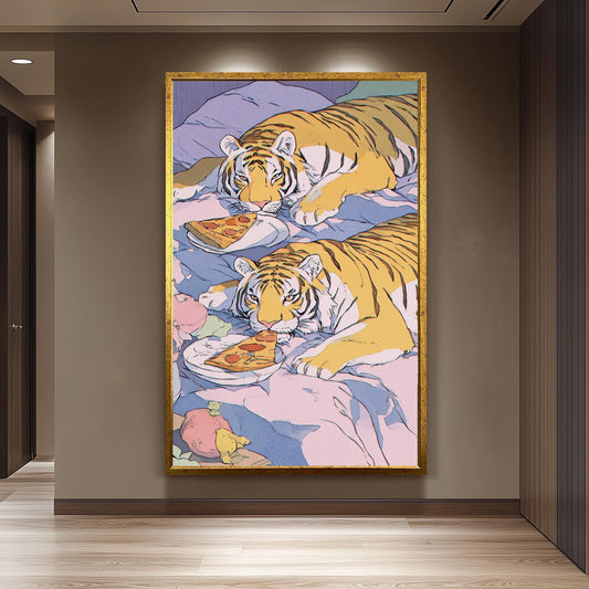 Whimsical Tigers in Bed Enjoying Pizza  Dreamy Pastel Illustration with Playful Retro 80s Aesthetic, Cozy Big Cat Wall Art Tiger Wall Print
