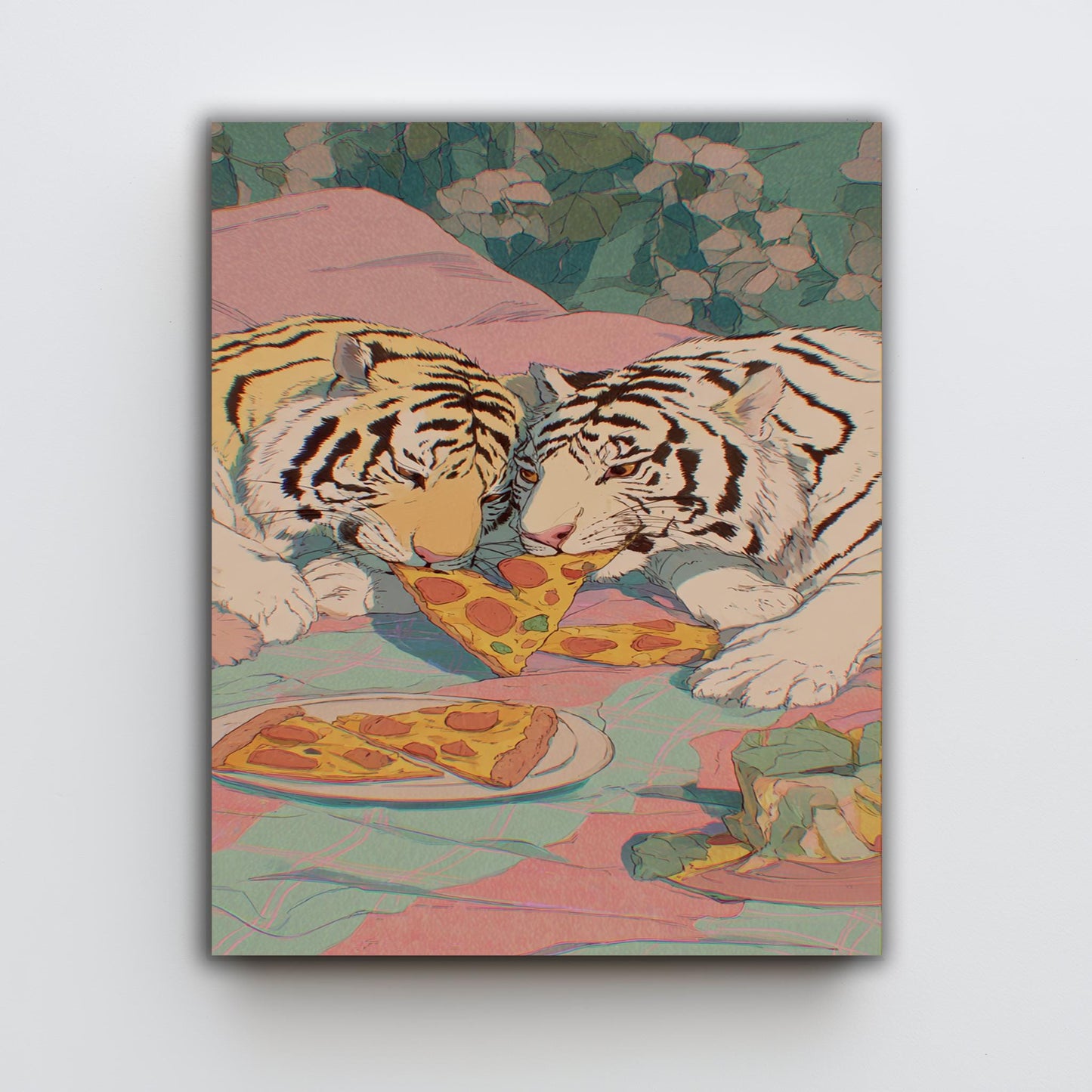 Two White Tigers Sharing Pizza in Bed  Romantic & Playful Pastel Illustration with Retro 80s Vibes, Whimsical Animal Wall Art Tiger Artwork